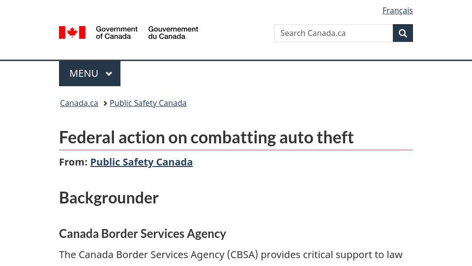 Screenshot of canada.ca: Canadian government banning Flipper Zero to combat auto theft