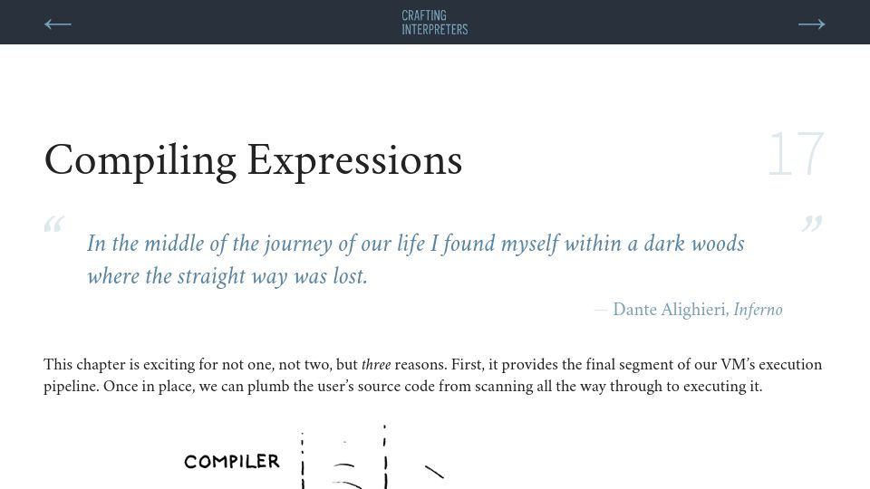 Screenshot of craftinginterpreters.com: Compiling Expressions