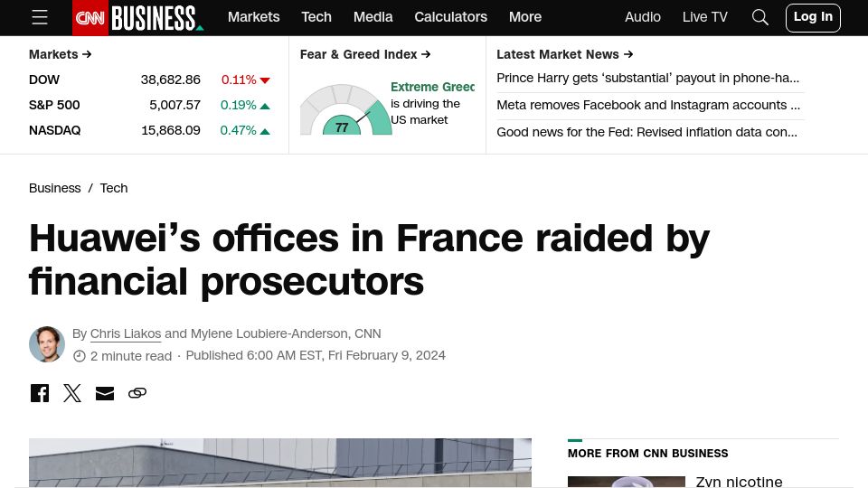 Screenshot of cnn.com: Huawei's offices in France raided by financial prosecutors