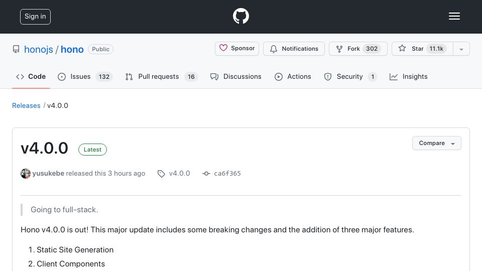 Screenshot of github.com: Hono v4.0
