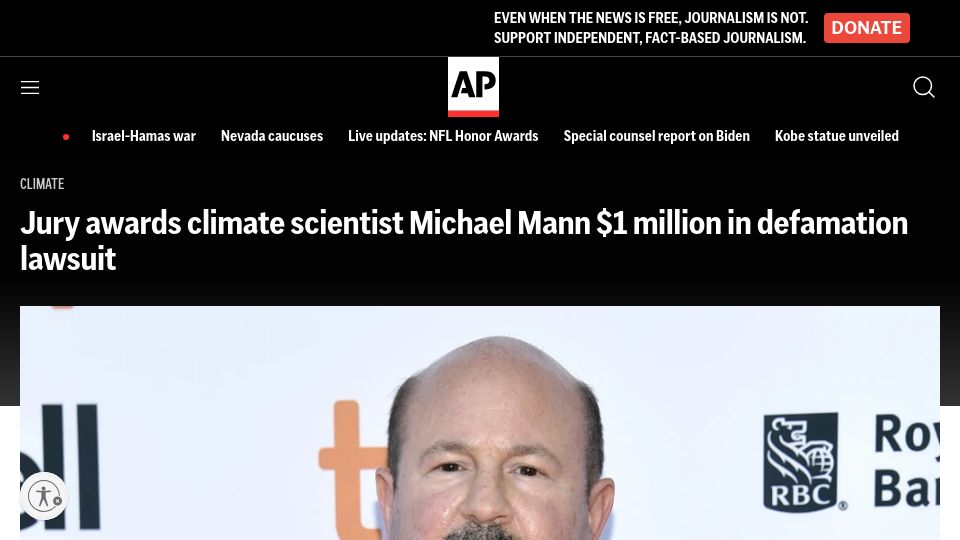 Screenshot of apnews.com: Jury awards climate scientist Michael Mann $1M in defamation lawsuit
