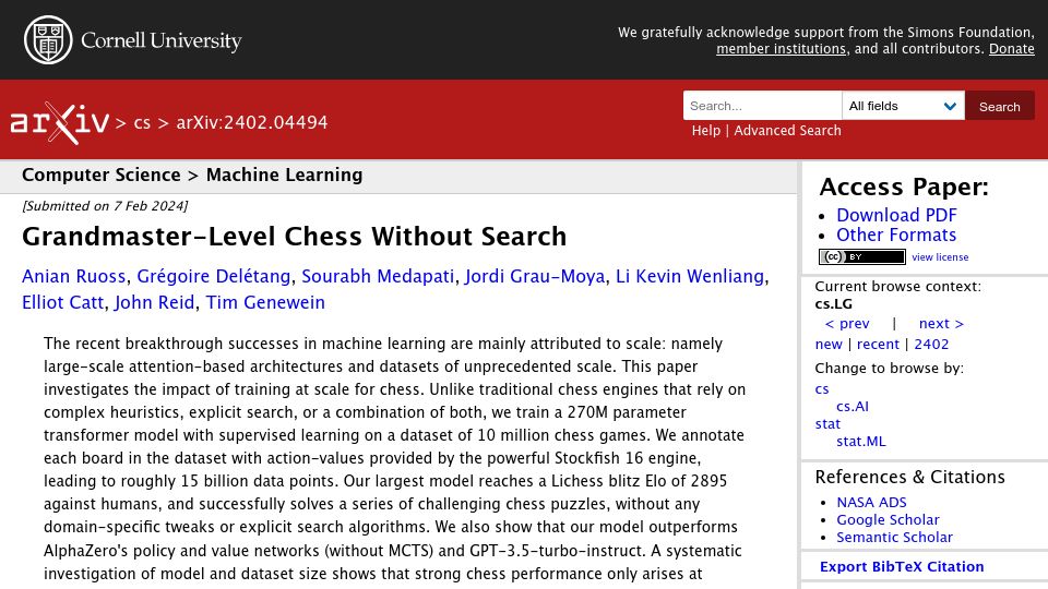 Screenshot of arxiv.org: Grandmaster-Level Chess Without Search
