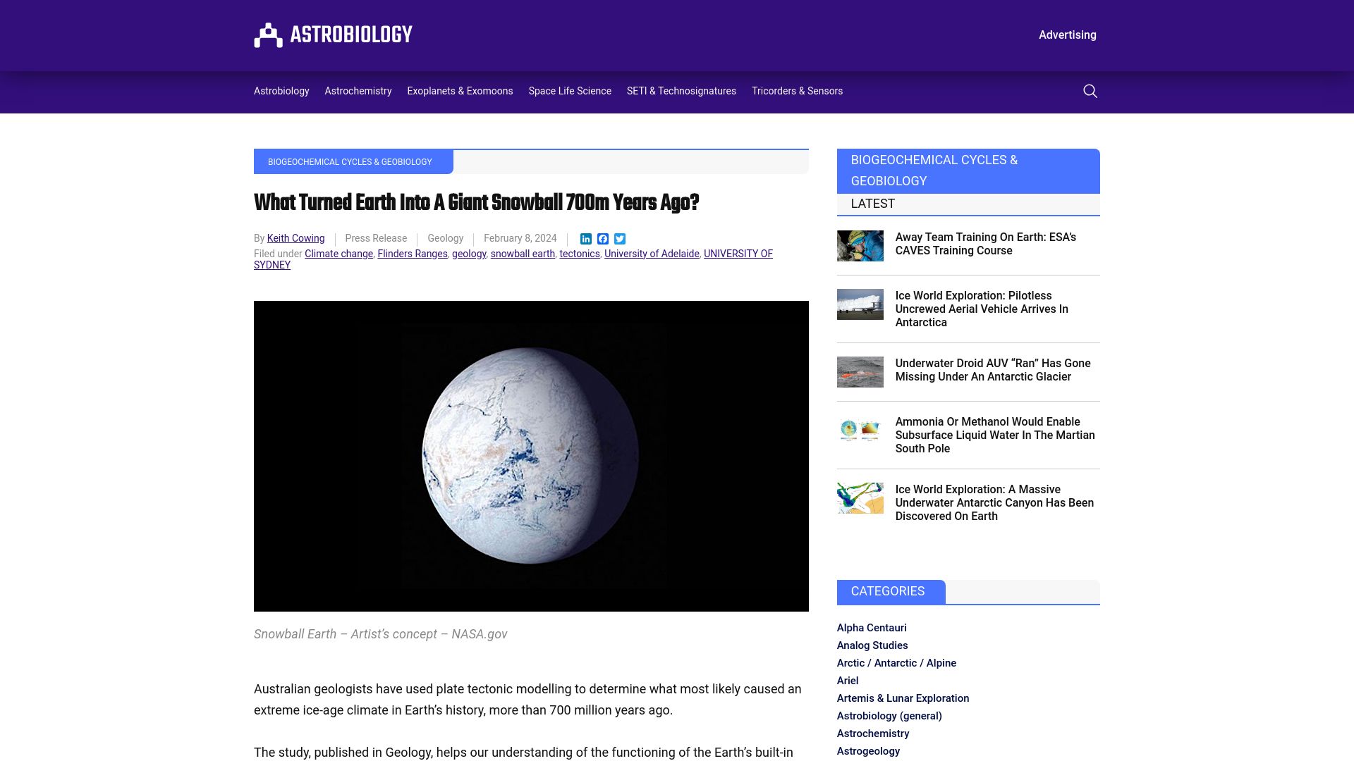Screenshot of astrobiology.com: An extreme ice-age climate 700M years ago