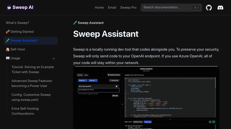 Screenshot of docs.sweep.dev: Show HN: Open-source coding assistant with terminal access