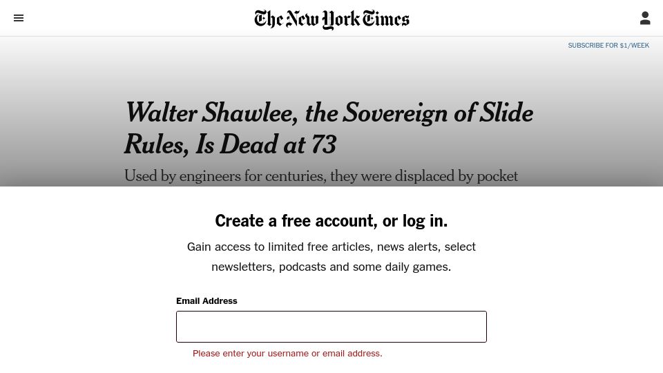 Screenshot of nytimes.com: Walter Shawlee, the sovereign of slide rules, has died