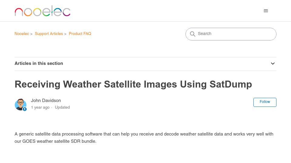 Screenshot of support.nooelec.com: Receiving weather satellite images using SatDump