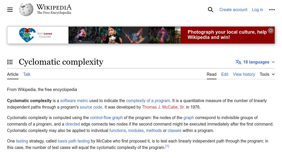 Screenshot of en.wikipedia.org: Cyclomatic complexity