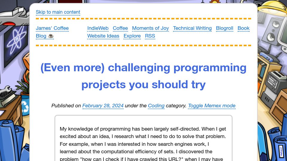 Screenshot of jamesg.blog: Challenging programming projects you should try