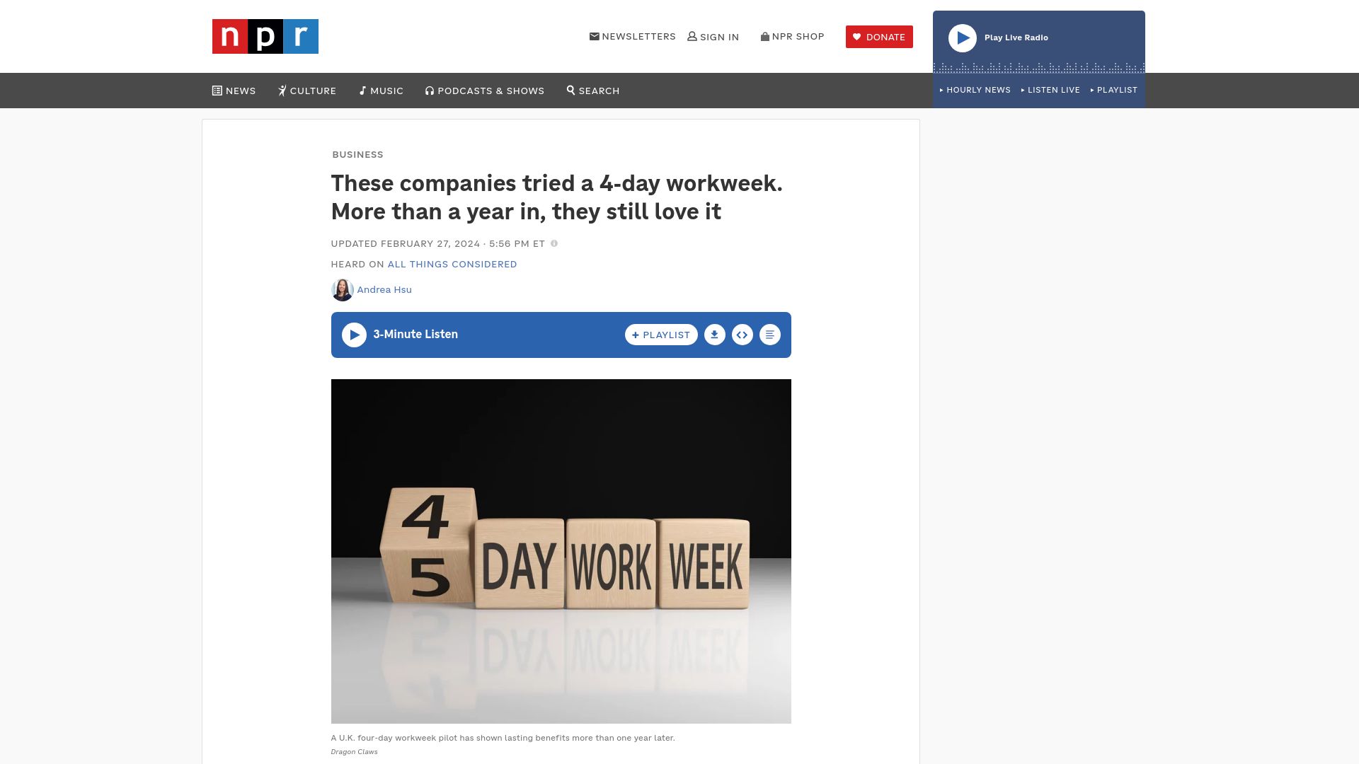 Screenshot of npr.org: Study: 61 UK firms tried a 4-day workweek and after a year, they still love it