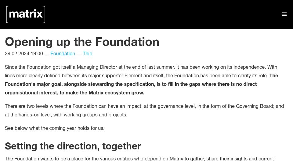 Screenshot of matrix.org: Opening Up the Matrix.org Foundation