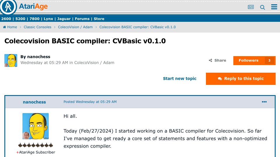 Screenshot of forums.atariage.com: Colecovision BASIC compiler: CVBasic v0.1.0