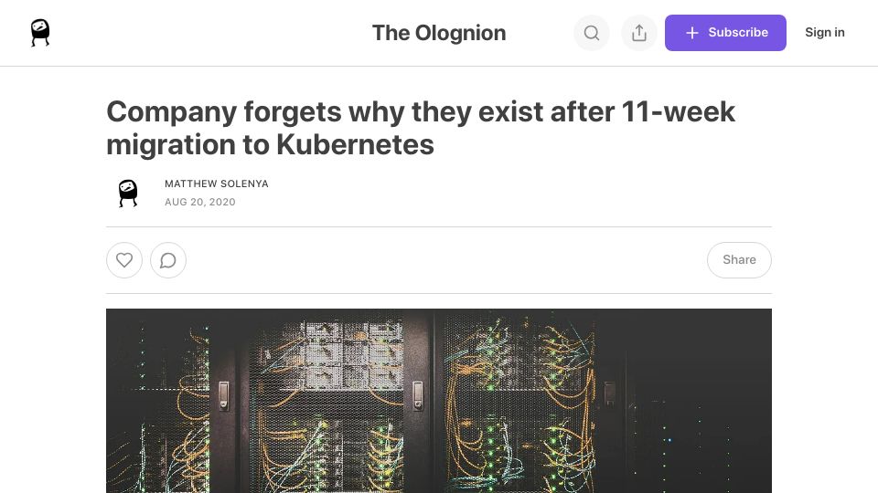 Screenshot of theolognion.com: Company forgets why they exist after 11-week migration to Kubernetes