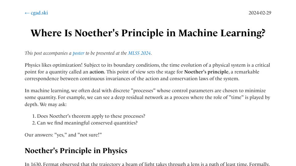 Screenshot of cgad.ski: Where is Noether's principle in machine learning?