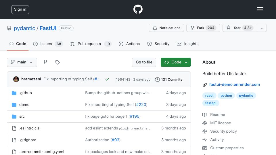 Screenshot of github.com: FastUI: Build Better UIs Faster