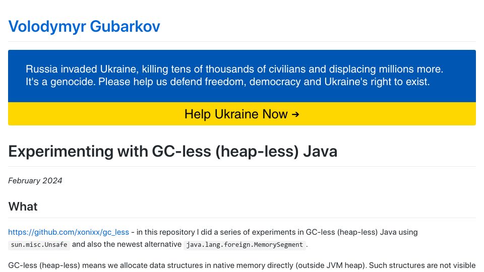 Screenshot of maximullaris.com: Experimenting with GC-less (heap-less) Java