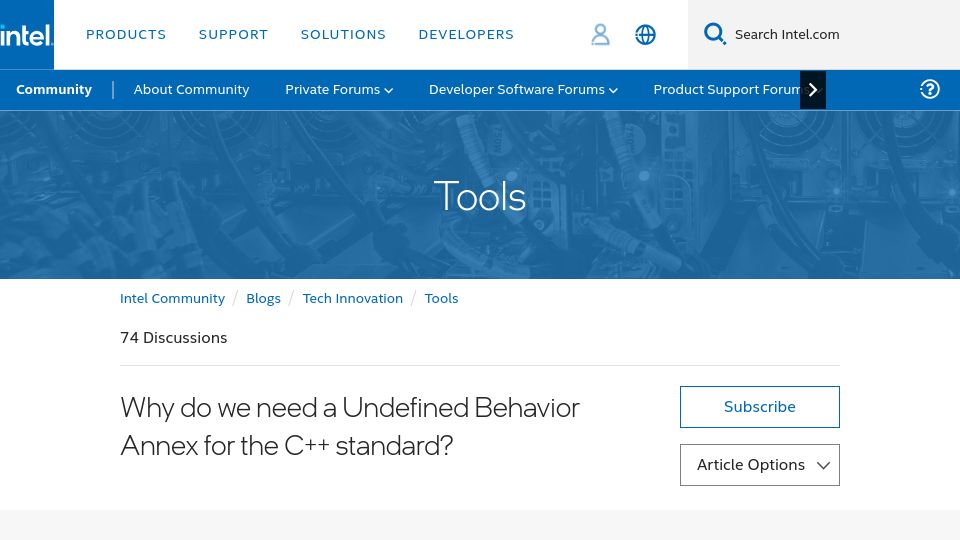 Screenshot of community.intel.com: Why do we need for an Undefined Behavior Annex to C++