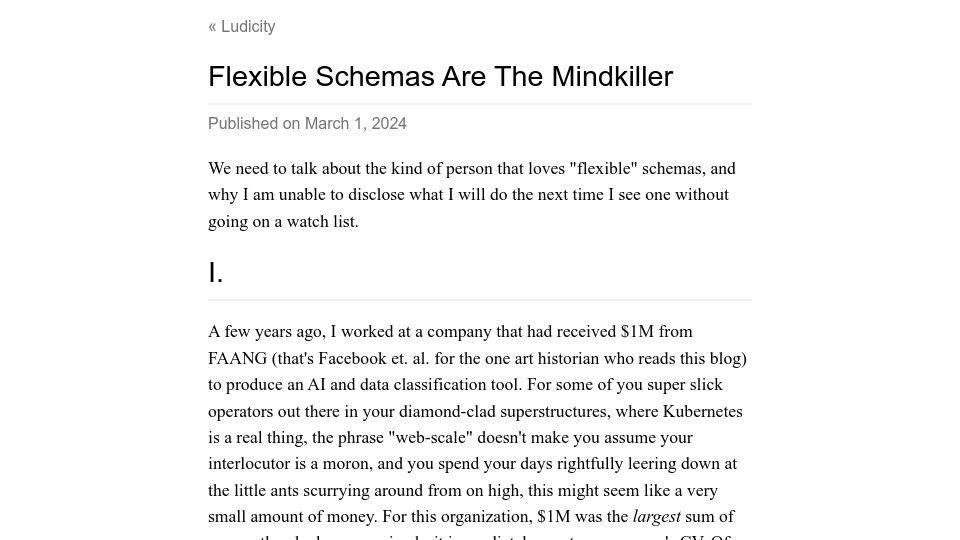 Screenshot of ludic.mataroa.blog: Flexible schemas are the mindkiller