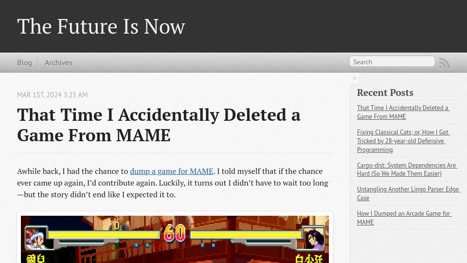 Screenshot of mistys-internet.website: I accidentally deleted a bad game revision from MAME