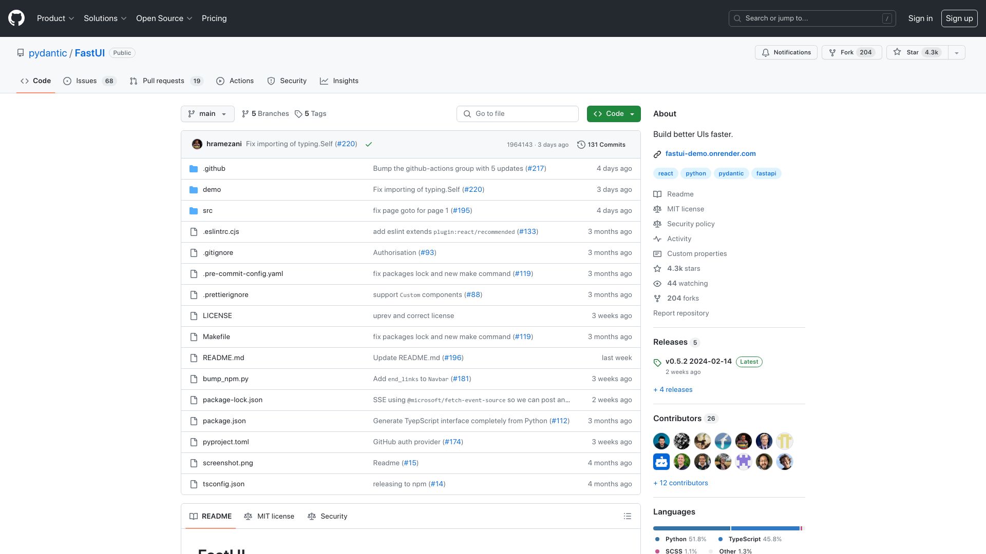 Screenshot of github.com: FastUI: Build Better UIs Faster