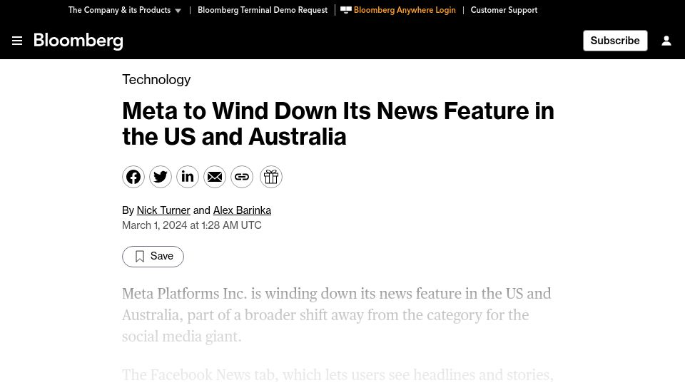 Screenshot of bloomberg.com: Meta to Wind Down Its News Feature in the US and Australia