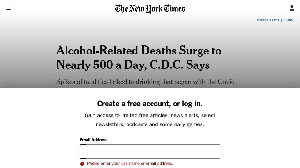 Screenshot of nytimes.com: Alcohol-Related Deaths Surge to Nearly 500 a Day, CDC Says
