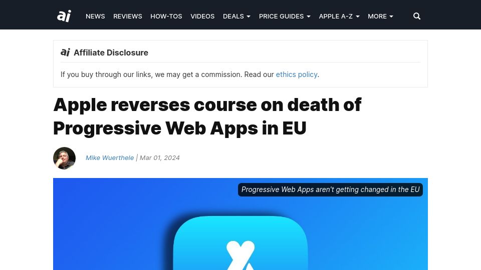 Screenshot of appleinsider.com: Apple reverses course on death of Progressive Web Apps in EU