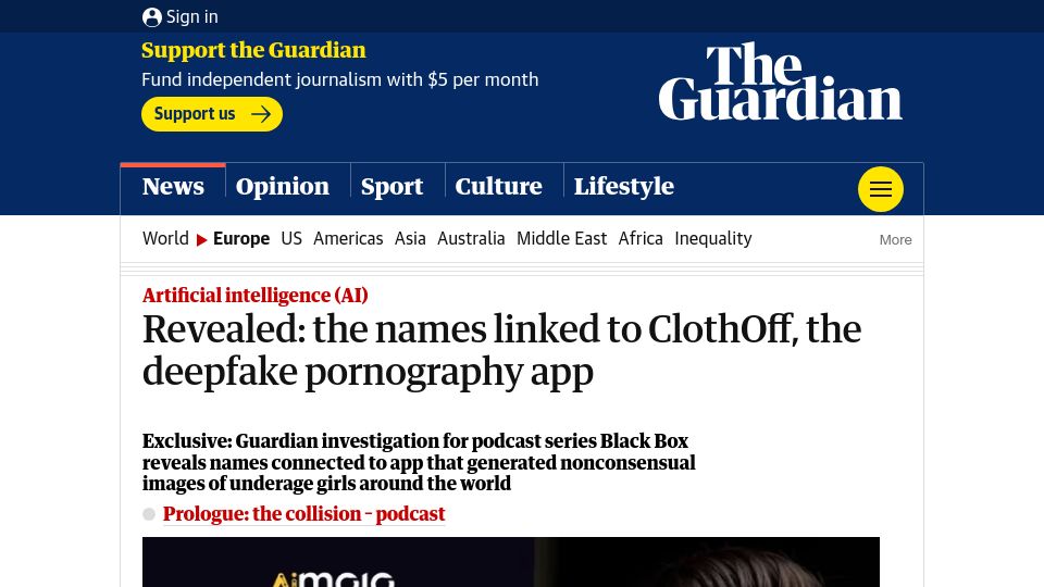 Screenshot of theguardian.com: Revealed: The names linked to ClothOff, the deepfake pornography app