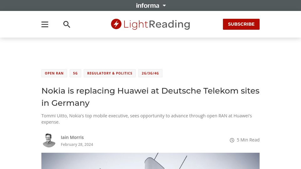 Screenshot of lightreading.com: Nokia is replacing Huawei at Deutsche Telekom sites in Germany