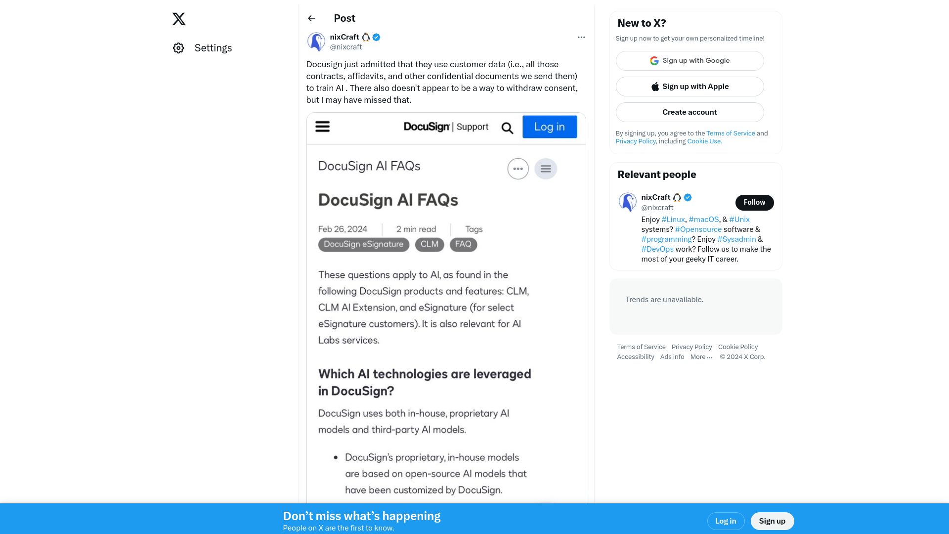 Screenshot of twitter.com: Docusign just admitted that they use customer data to train AI