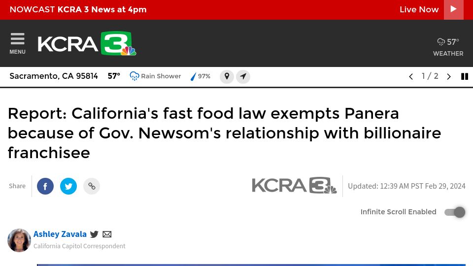 Screenshot of kcra.com: California's fast food law exempts Panera Gov. Newsom's relationship