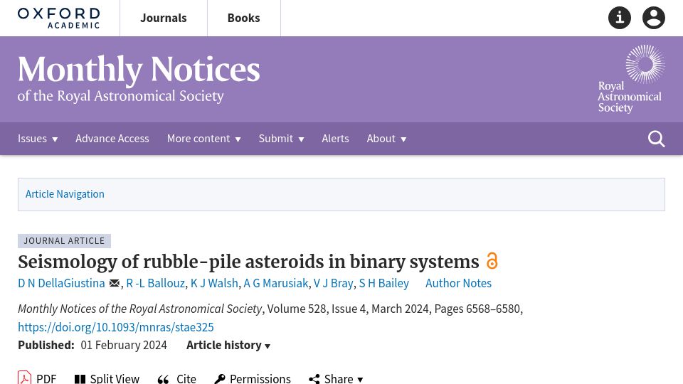 Screenshot of academic.oup.com: Seismology of rubble-pile asteroids in binary systems