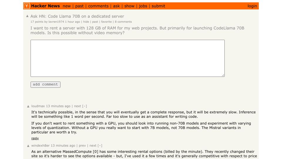 Screenshot of Hacker News post: Ask HN: Code Llama 70B on a dedicated server