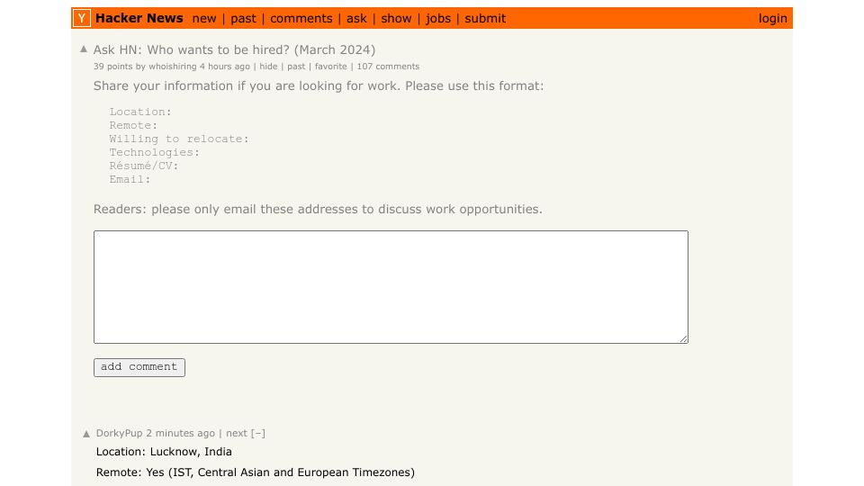 Screenshot of Hacker News post: Ask HN: Who wants to be hired? (March 2024)