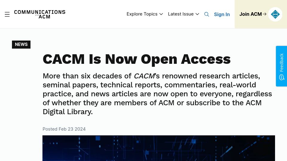 Screenshot of cacm.acm.org: CACM Is Now Open Access
