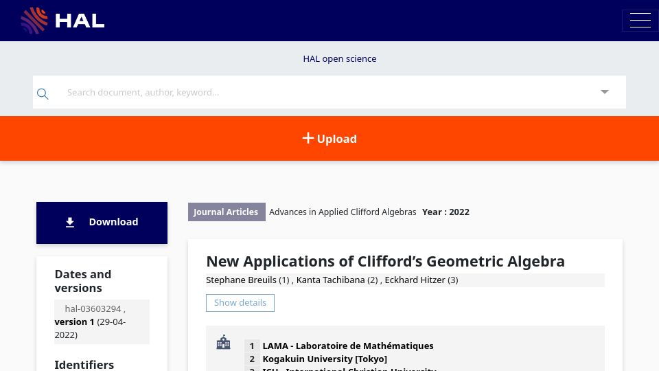 Screenshot of hal.science: New Applications of Clifford's Geometric Algebra