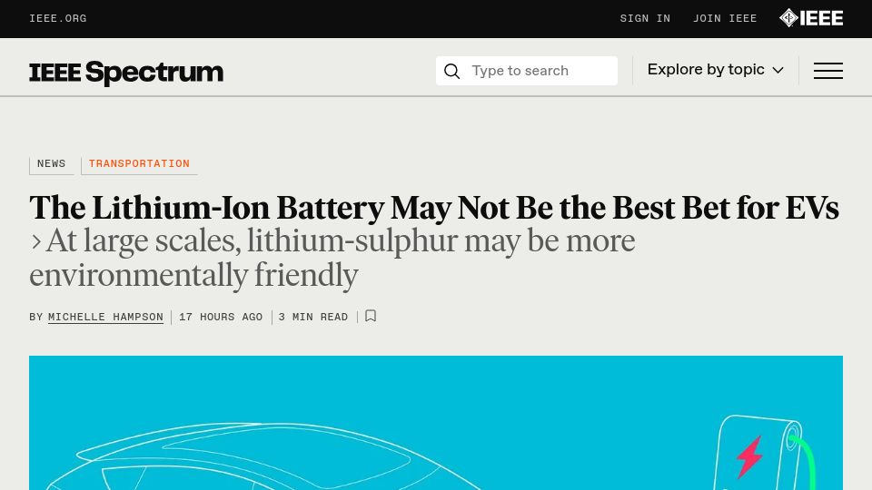 Screenshot of spectrum.ieee.org: The lithium-ion battery may not be the best bet for EVs
