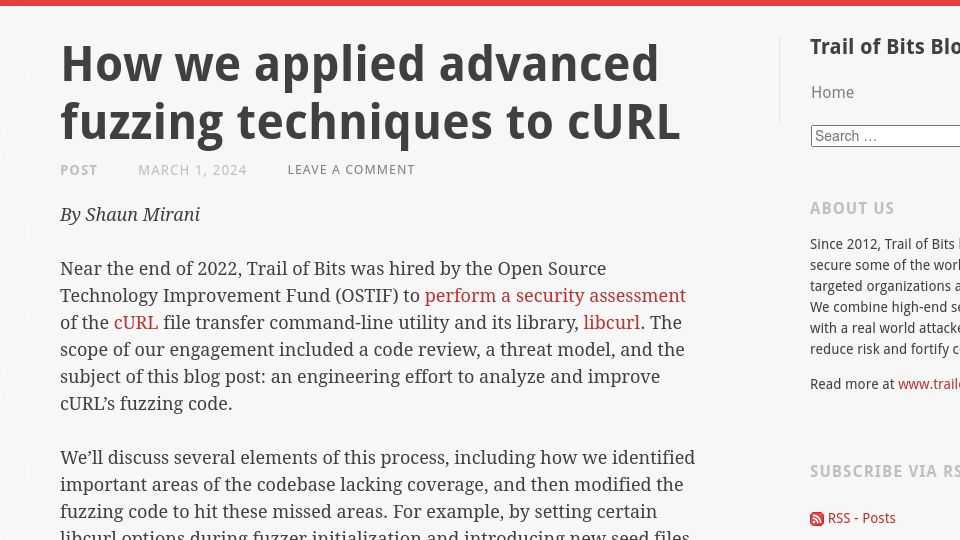 Screenshot of blog.trailofbits.com: How we applied fuzzing techniques to cURL