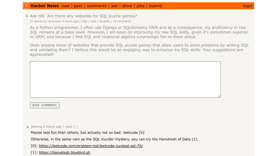 Screenshot of Hacker News post: Ask HN: Are there any websites for SQL puzzle games?