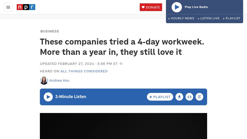 Screenshot of npr.org: Study: 61 UK firms tried a 4-day workweek and after a year, they still love it