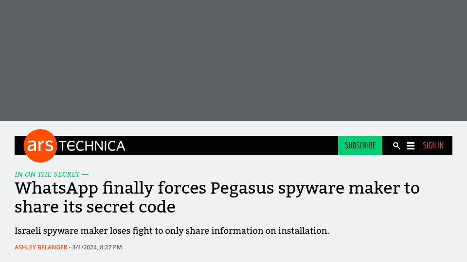 Screenshot of arstechnica.com: WhatsApp forces Pegasus spyware maker to share its secret code