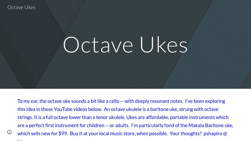 Screenshot of sites.google.com: To my ear, the octave ukulele sounds a little like a cello