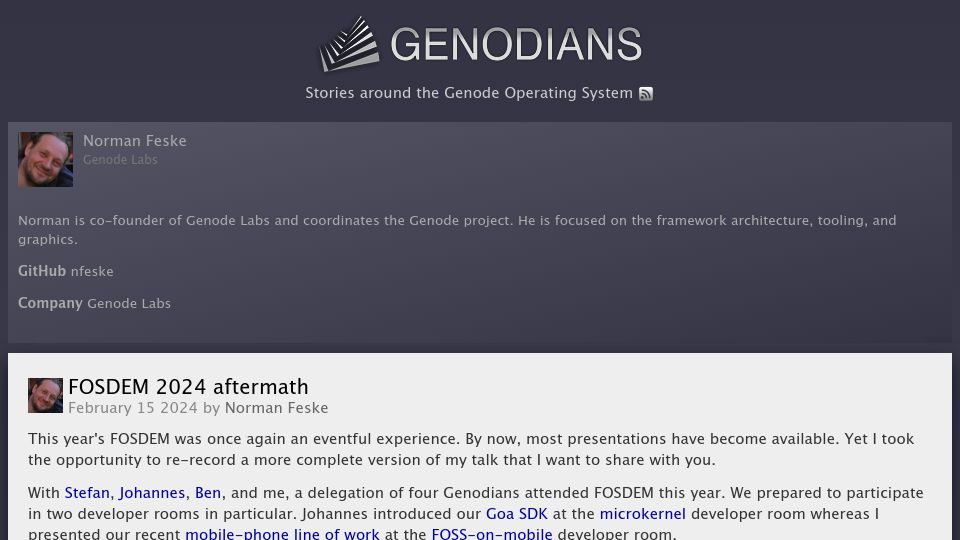 Screenshot of genodians.org: Genode: FOSDEM 2024 Aftermath