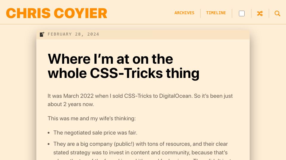 Screenshot of chriscoyier.net: Where I'm at on the whole CSS-Tricks thing