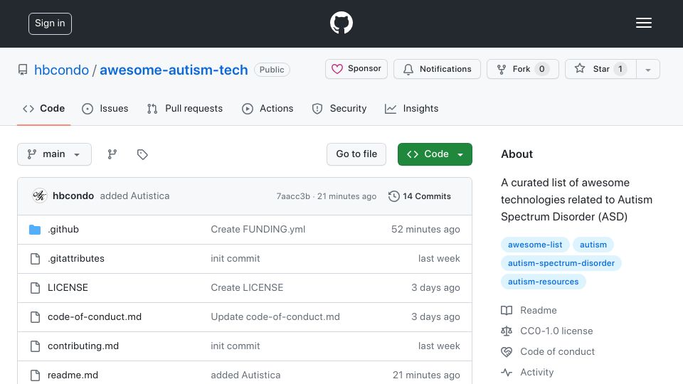 Screenshot of github.com: Show HN: A curated list of tech related to Autism Spectrum Disorder(ASD)