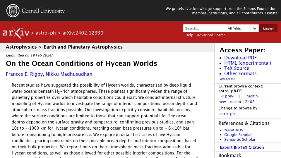Screenshot of arxiv.org: On the Ocean Conditions of Hycean Worlds