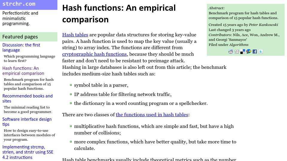Screenshot of strchr.com: Hash functions: An empirical comparison (2008)