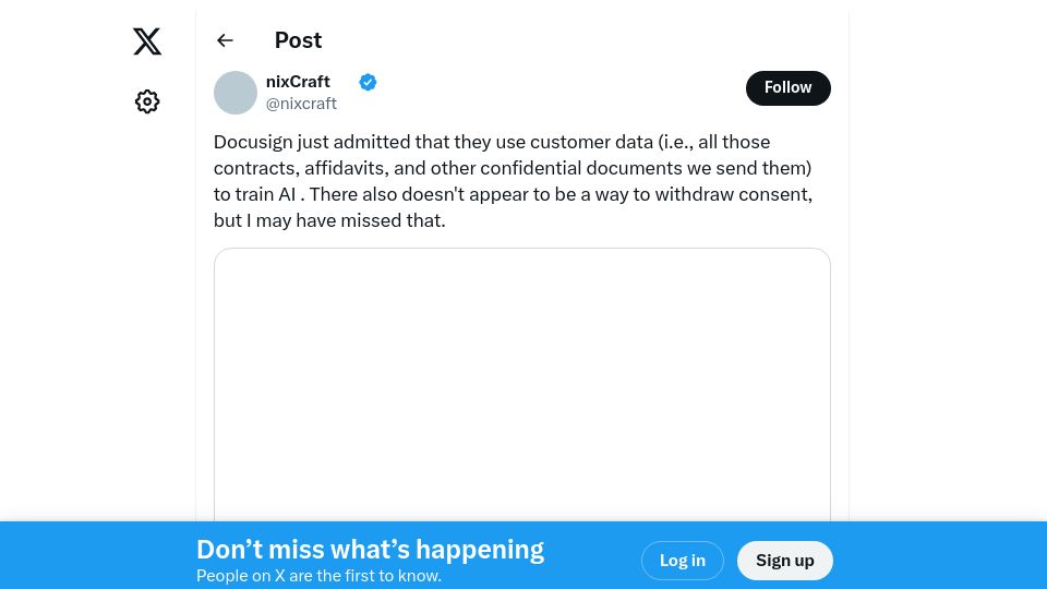 Screenshot of twitter.com: Docusign just admitted that they use customer data to train AI
