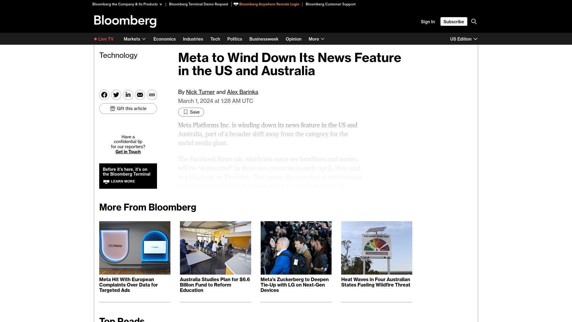 Screenshot of bloomberg.com: Meta to Wind Down Its News Feature in the US and Australia