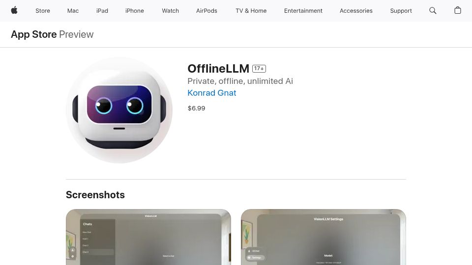 Screenshot of apps.apple.com: Show HN: OfflineLLM – a Vision Pro app running TinyLlama on device