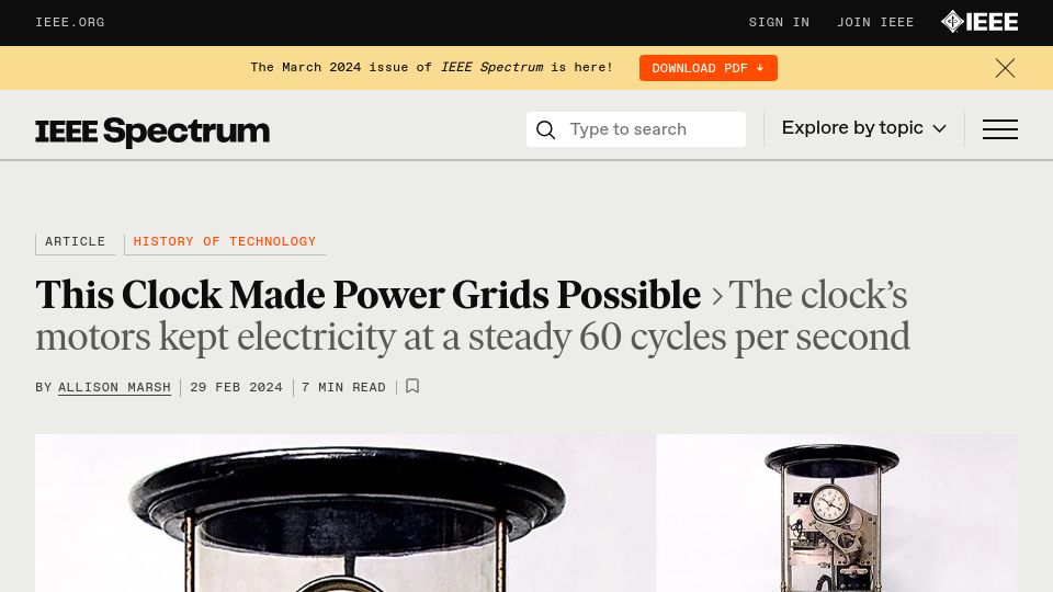 Screenshot of spectrum.ieee.org: The Telechron master station clock was used to maintain power grid frequency
